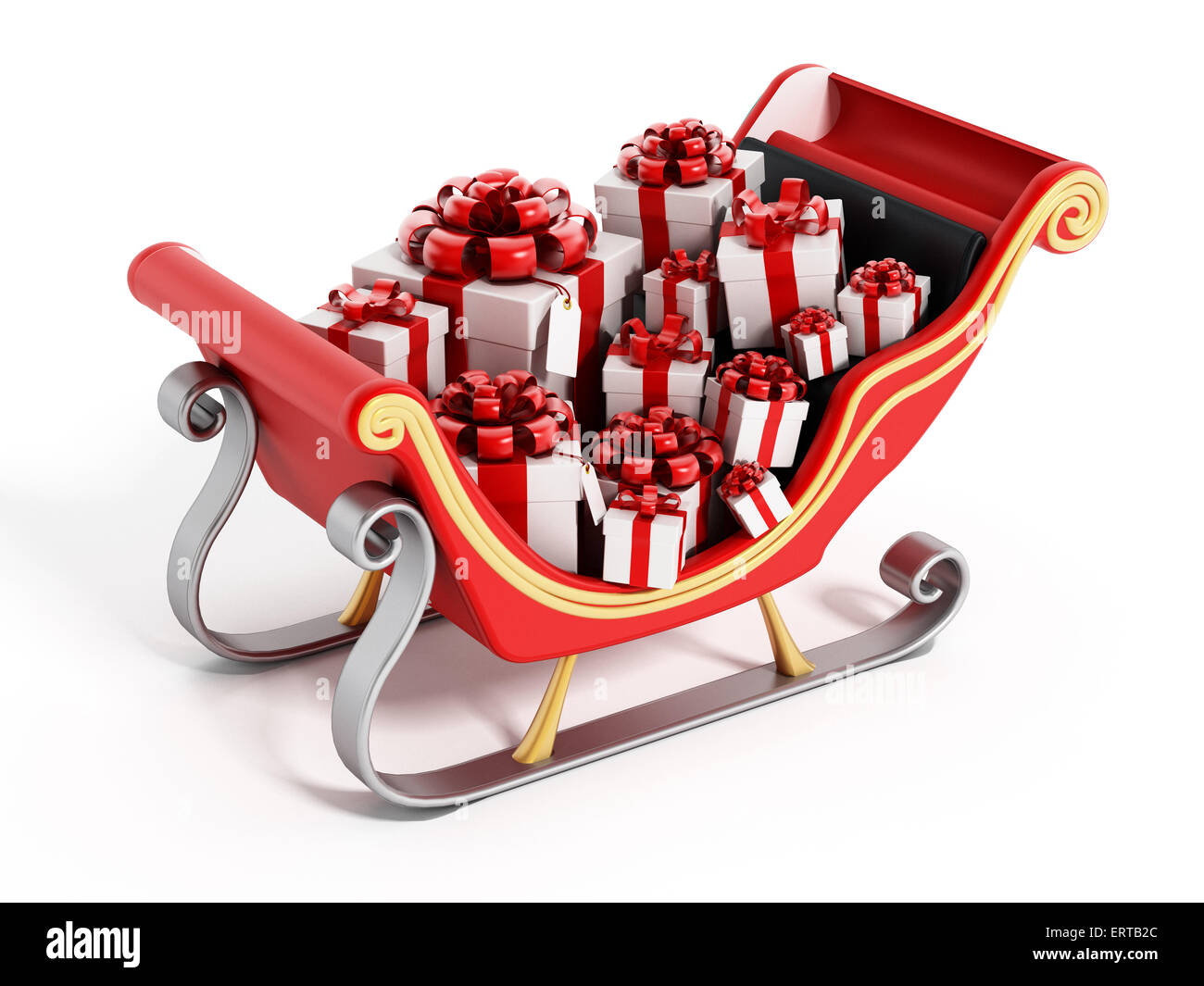 Babbo Natale con la slitta piena di regali isolati su sfondo bianco Foto Stock