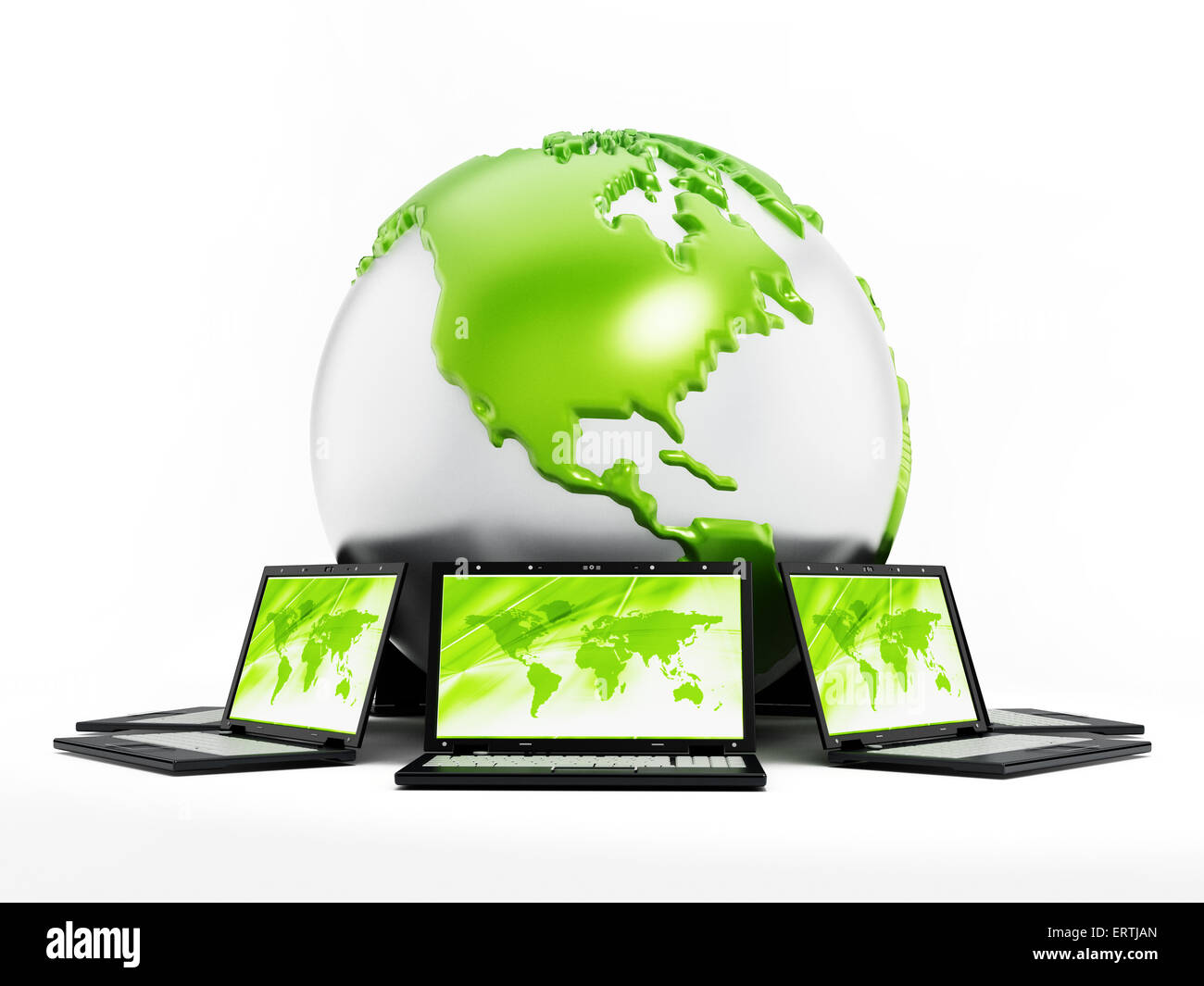 Rete di computer globale con il computer portatile isolato su sfondo bianco Foto Stock