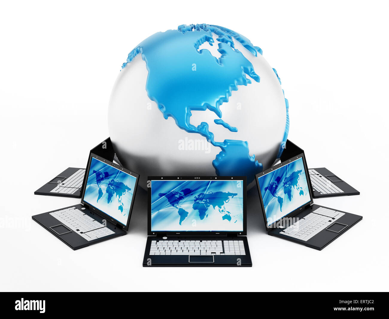 Rete di computer globale con il computer portatile in tutto il mondo Foto Stock