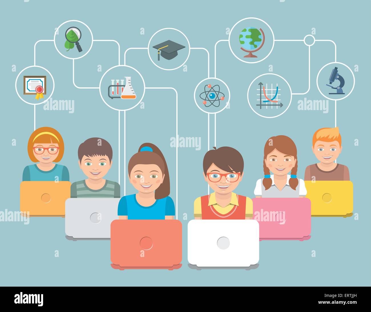 Appartamento moderno vettore concettuale illustrazione di un gruppo di ragazzi con i notebook e le icone di istruzione. Illustrazione Vettoriale