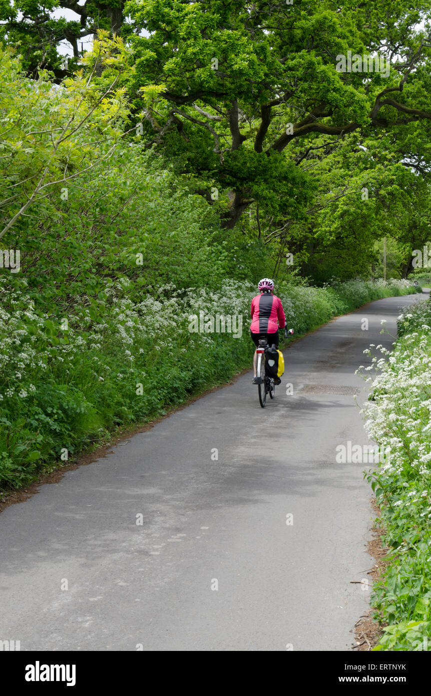 Donna in bicicletta lungo una strada di campagna in primavera Foto Stock