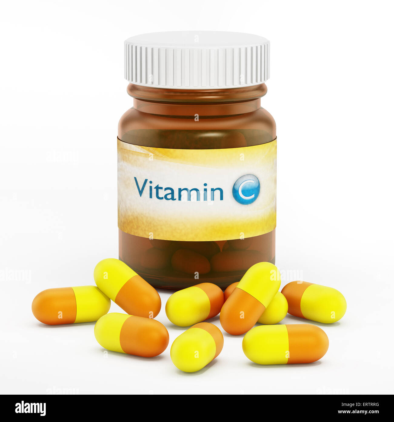 La vitamina C bottiglia e pillole isolati su sfondo bianco Foto Stock