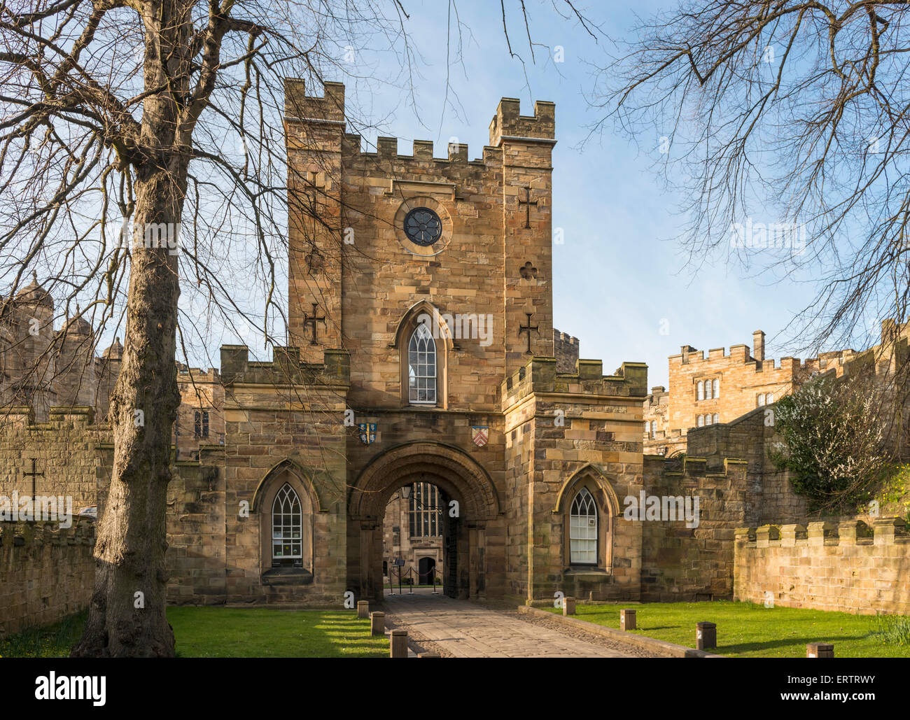 Gate in Durham Castle, ora Durham University student accommodation, County Durham, England, Regno Unito Foto Stock
