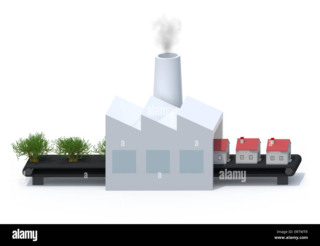La fabbrica che trasforma gli alberi nelle case isolate 3d illustrazione Foto Stock