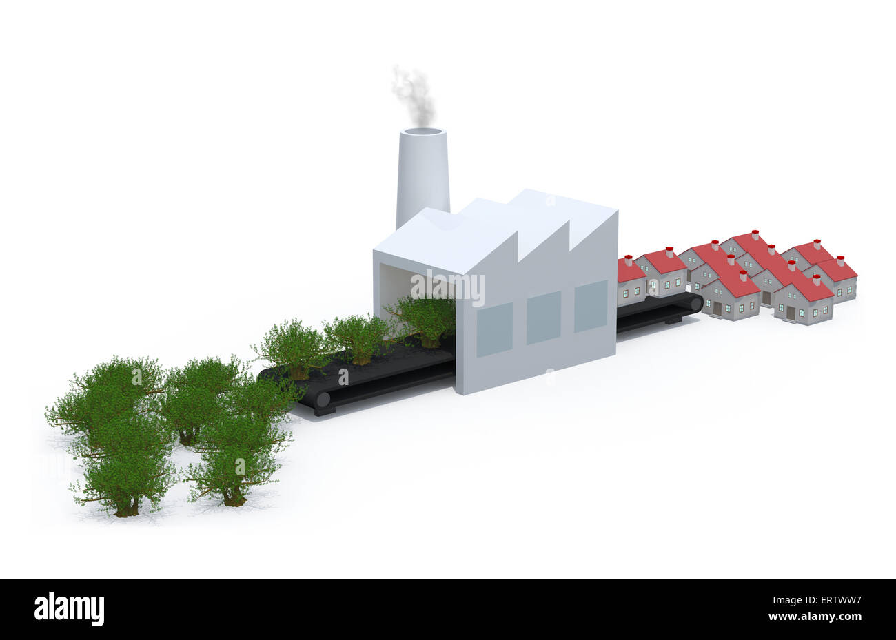 La fabbrica che trasforma gli alberi nelle case isolate 3d illustrazione Foto Stock