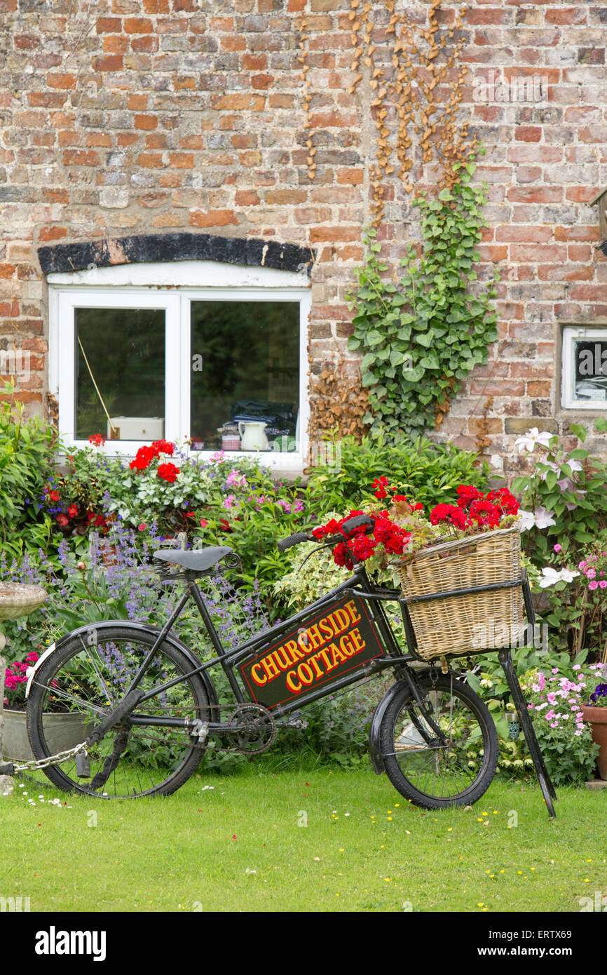 Un vecchio negozio di generi alimentari in bici in un giardino cottage, Frampton on severn, Gloucestershire, Inghilterra, Regno Unito. Foto Stock