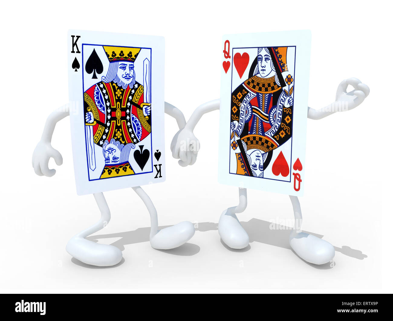 Due carte da gioco con braccia e gambe che camminano mano nella mano, isolato 3d illustrazione Foto Stock