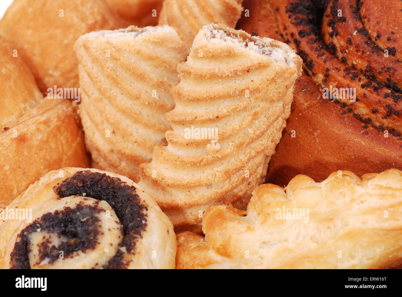 Lo sfondo da variare ciambelle fresche e biscotti Foto Stock