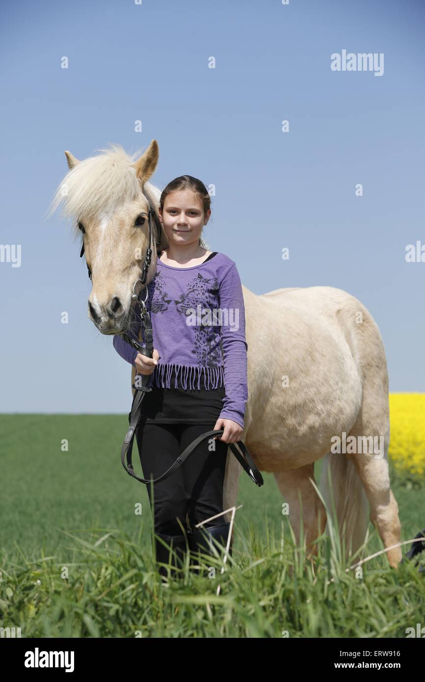 Ragazza con cavallo islandese Foto Stock