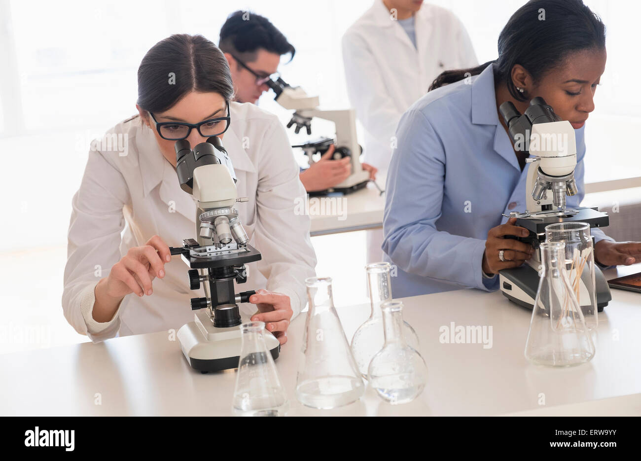 Gli scienziati utilizzano microscopi in laboratorio di ricerca Foto Stock
