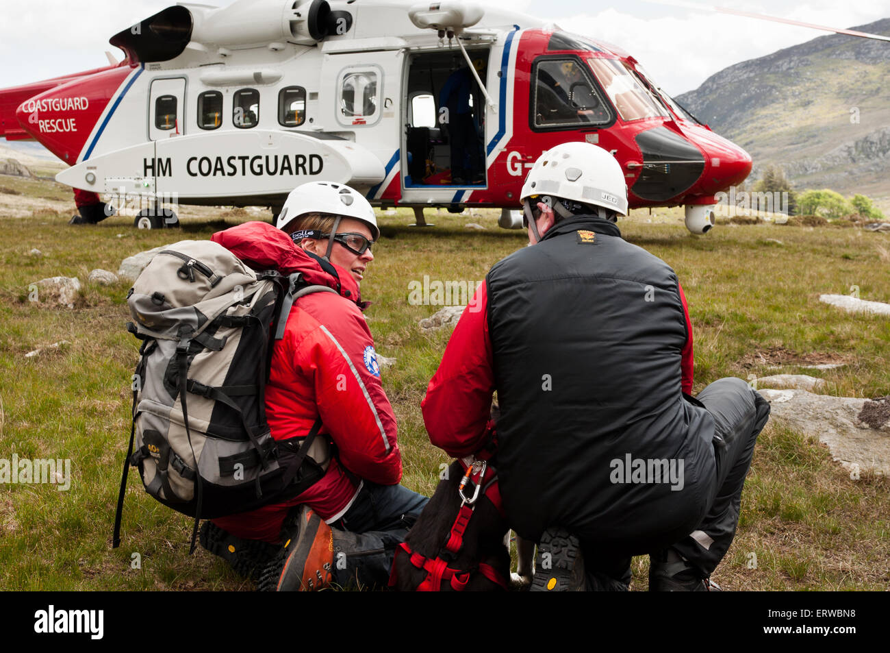 Una ricerca di gallese e cane Rescue team preparano a bordo di una Bristows S-92 Salvataggio in elicottero durante un esercizio di formazione Foto Stock