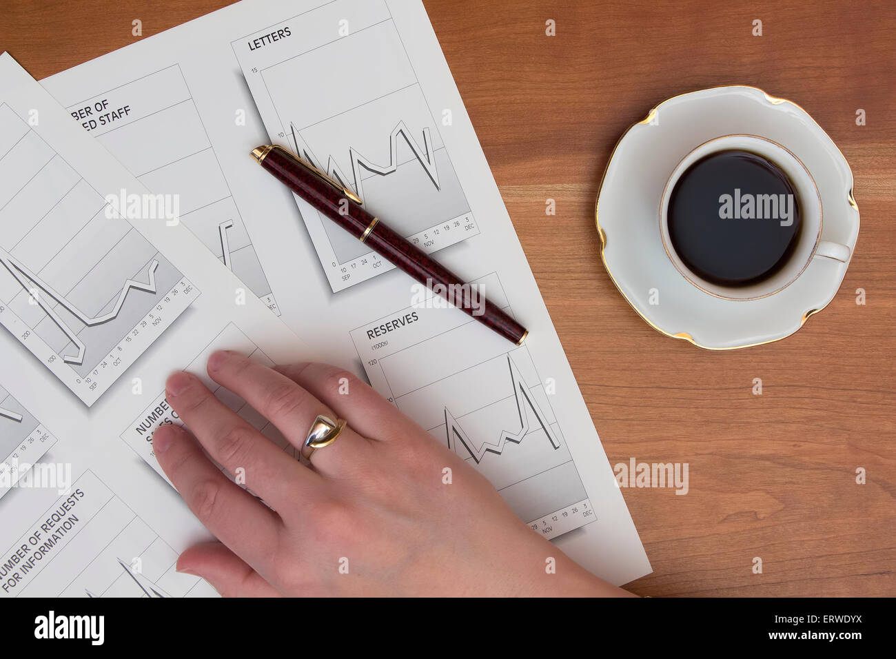 Analisi del business, still life con mano femminile, grafici, penna e caffè nero. Foto Stock