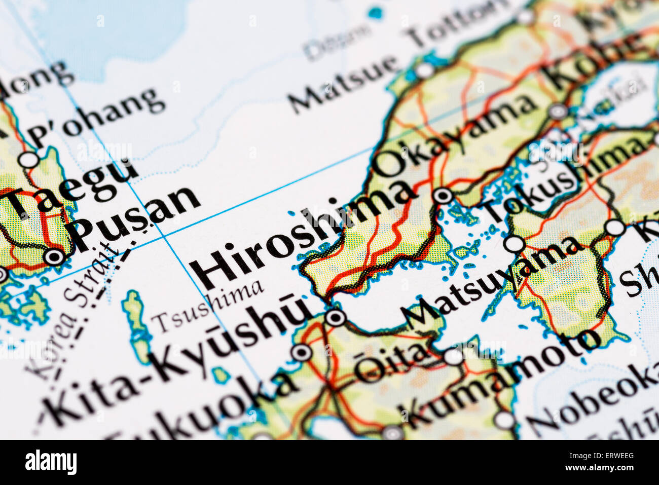 Close up di atlas mappa di Hiroshima, Giappone Foto Stock