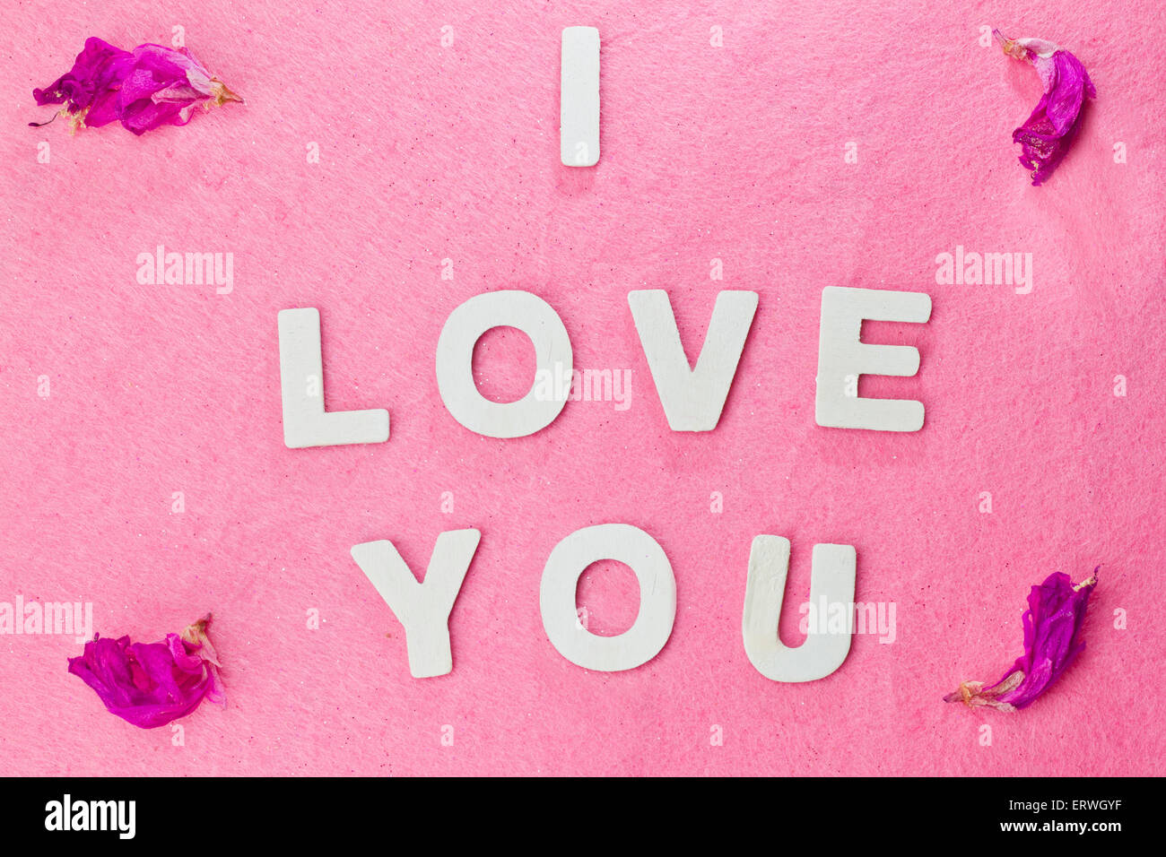Ti amo parole e petali di fiori su sfondo rosa Foto Stock