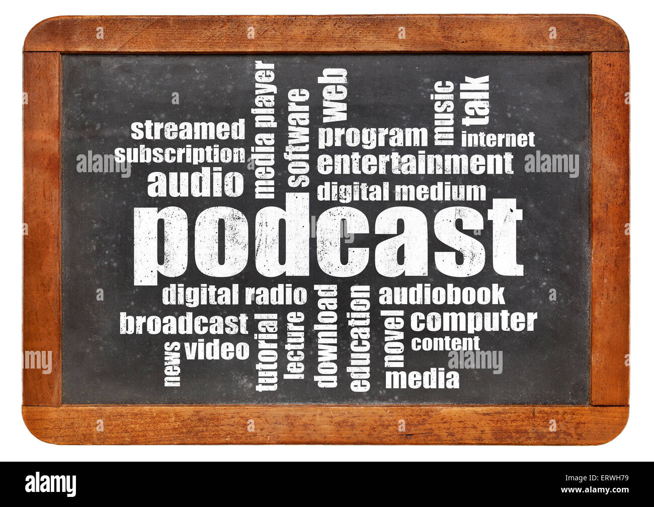 Podcast cloud di parola su una lavagna vintage - radio digitale concept Foto Stock