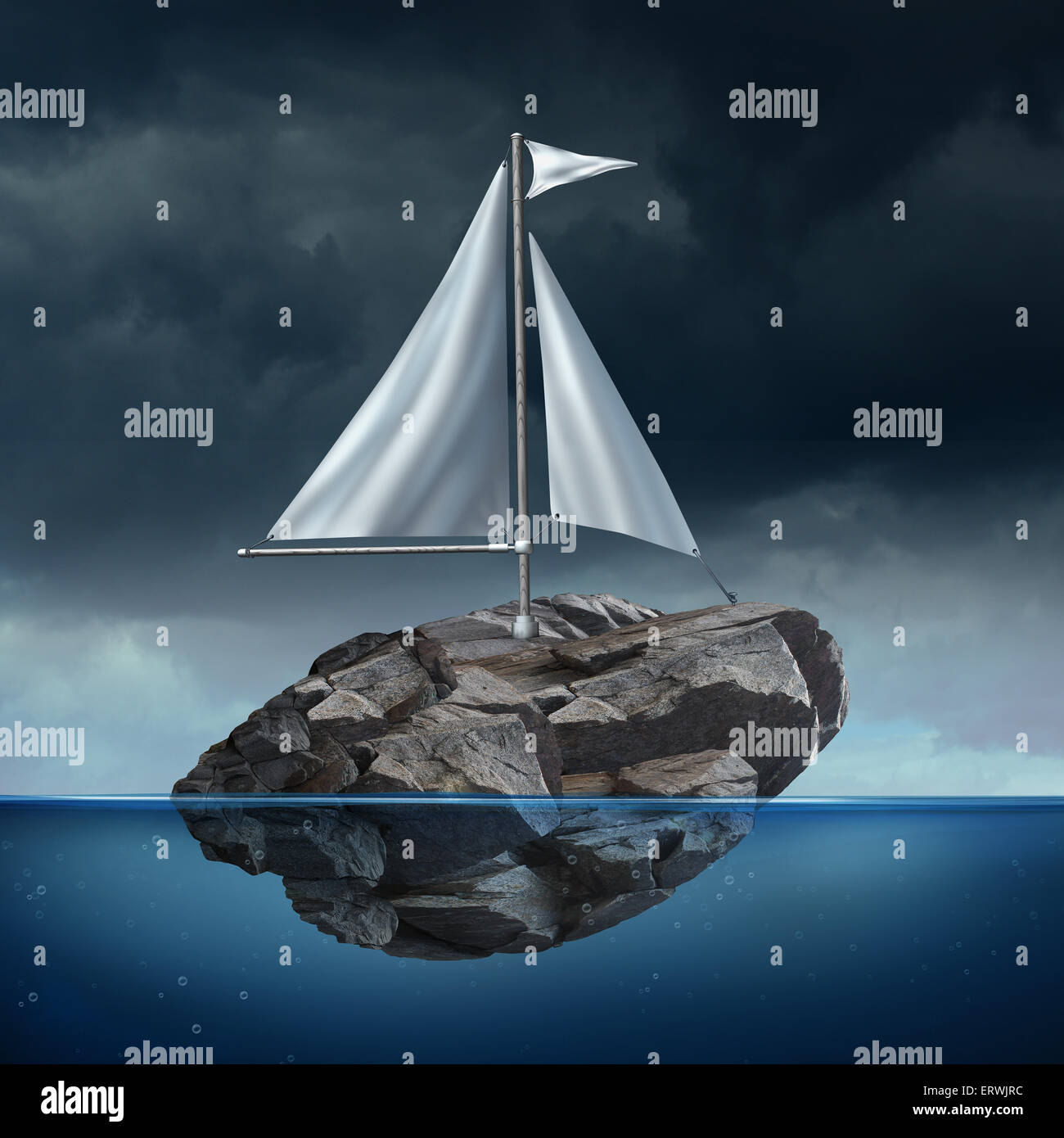 Problema di vela come un concetto di business con una vela di una floating heavy rock o boulder in movimento attraverso il mare come una metafora di potenziale per la lotta e la potenza delle possibilità. Foto Stock