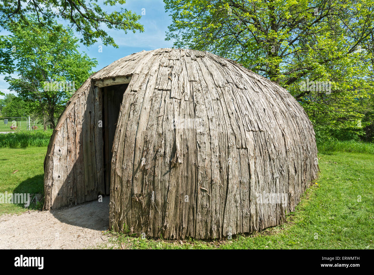 Wisconsin, Green Bay, Heritage Hill State Historical Park, La Baye Area, Cappella di corteccia di riproduzione Foto Stock