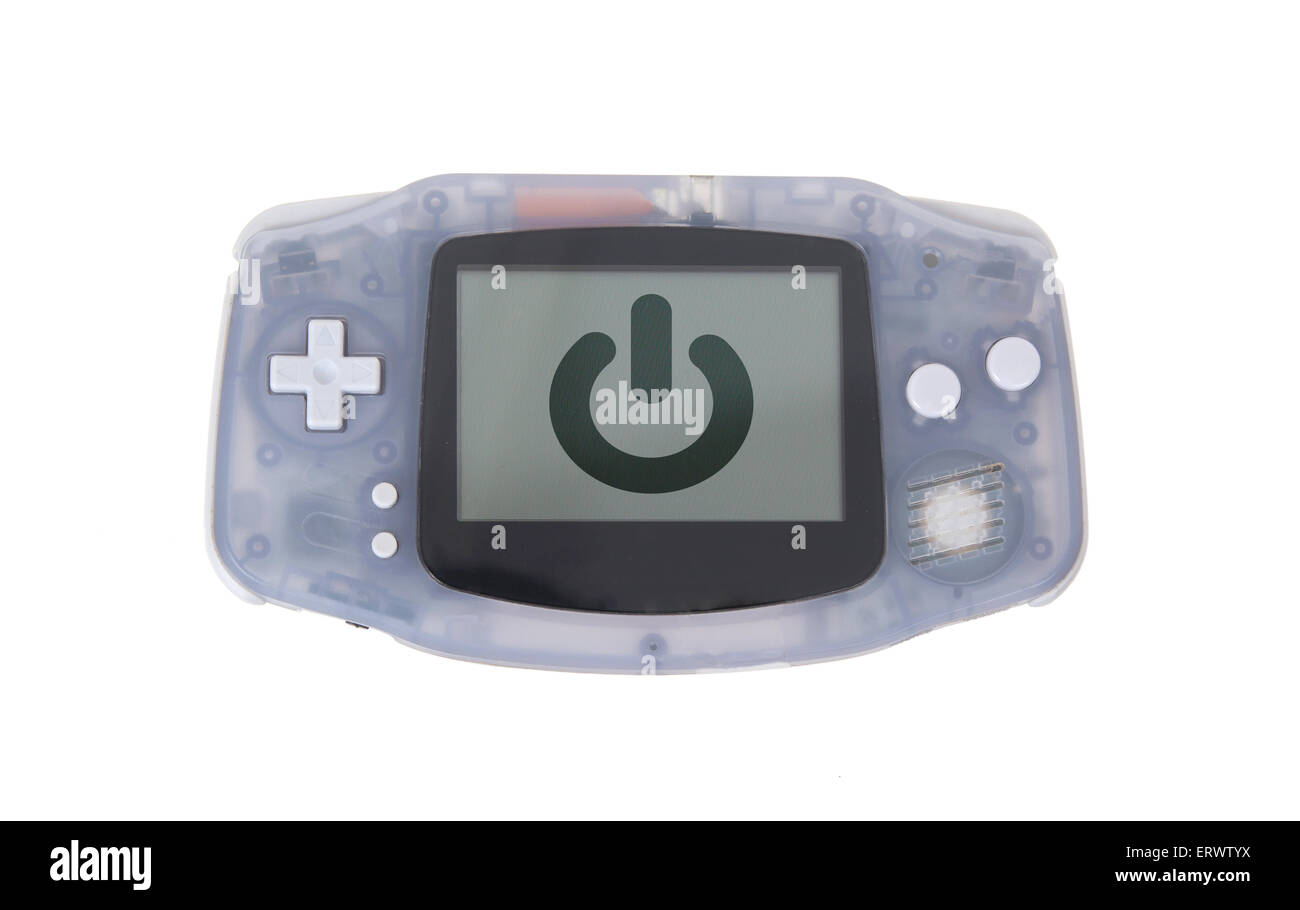Old Dirty console di gioco portatili con un piccolo schermo - simbolo di potenza Foto Stock