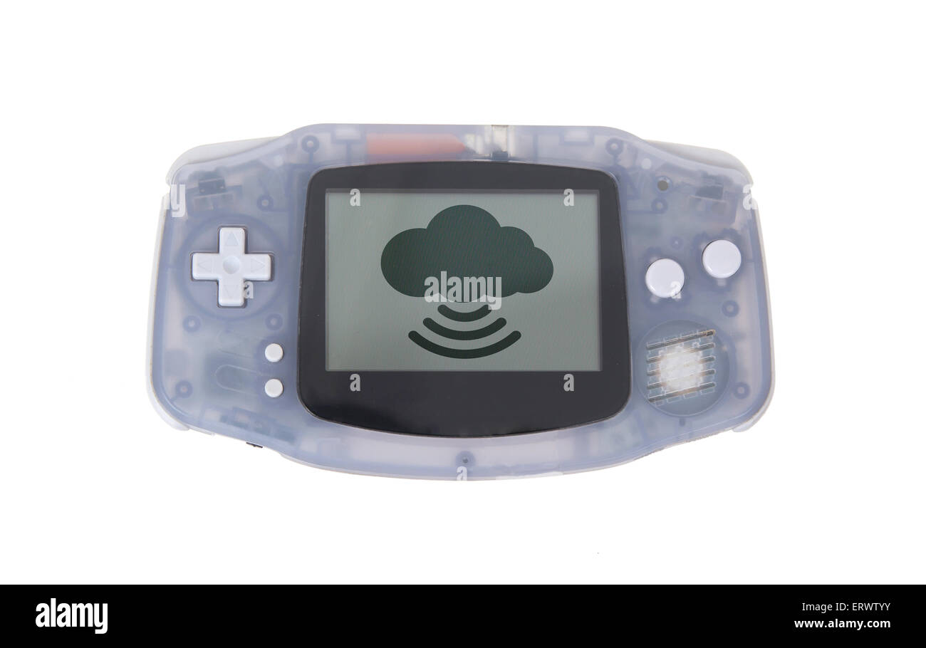 Old Dirty console di gioco portatili con un piccolo schermo - simbolo del cloud Foto Stock