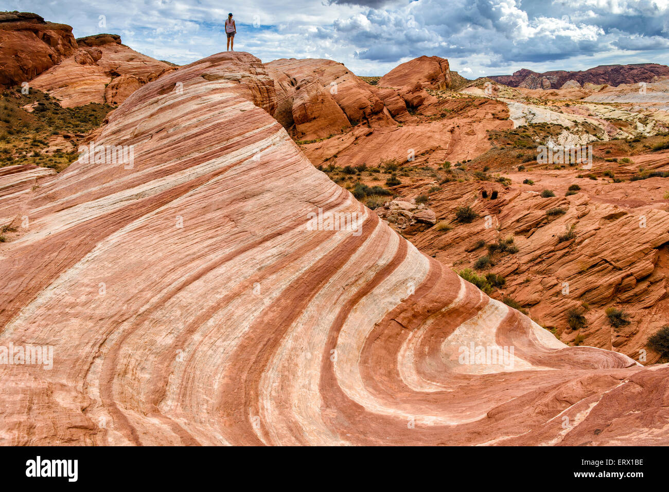 Fire wave rock formazione, formazione di roccia Sleeping Lizard dietro, la Valle del Fuoco del parco statale, Nevada, STATI UNITI D'AMERICA Foto Stock