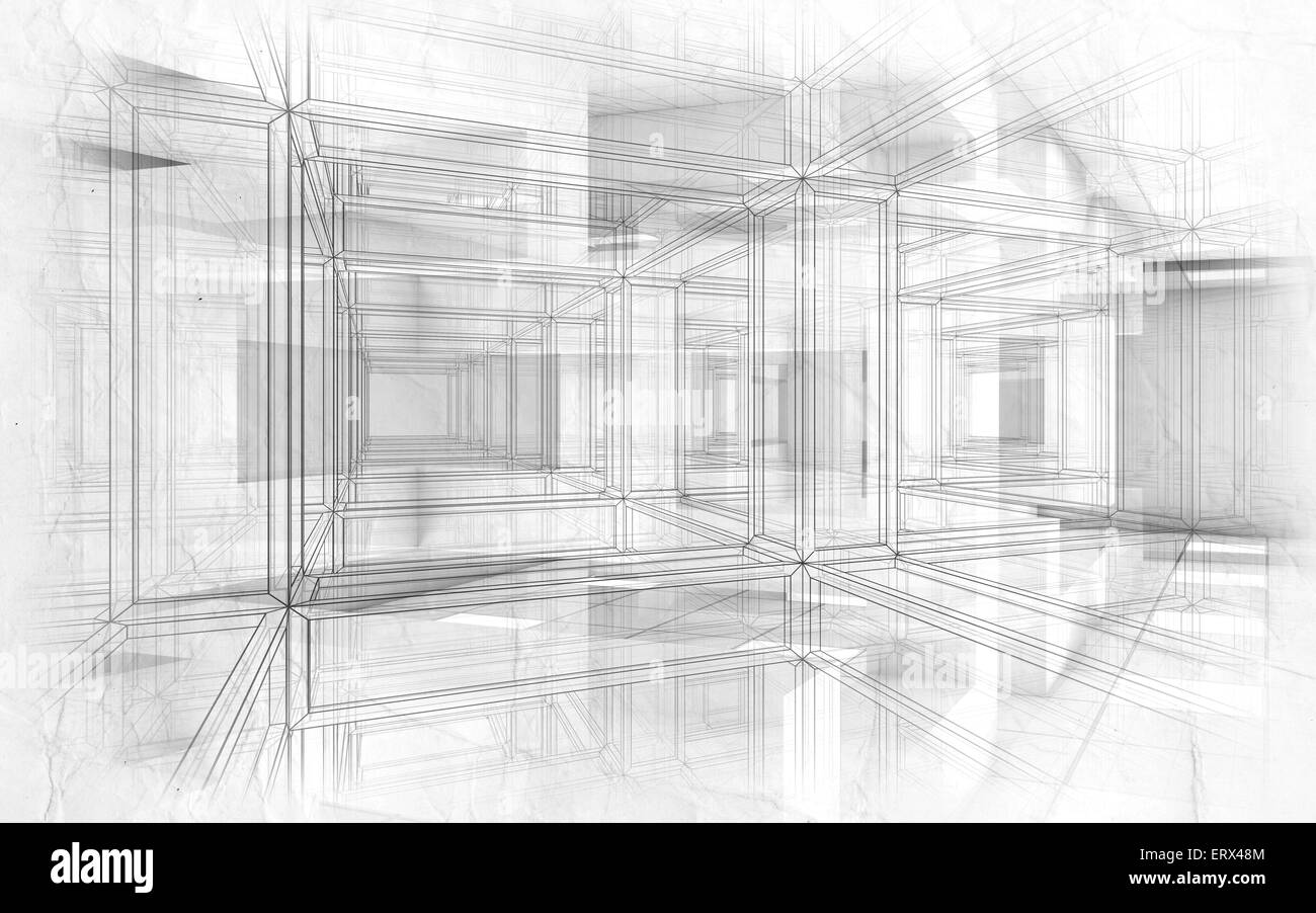 Abstract hi-tech disegni dello sfondo. Interni bianchi con cubi caotica costruzioni geometriche, di Grana carta e filo li telaio Foto Stock
