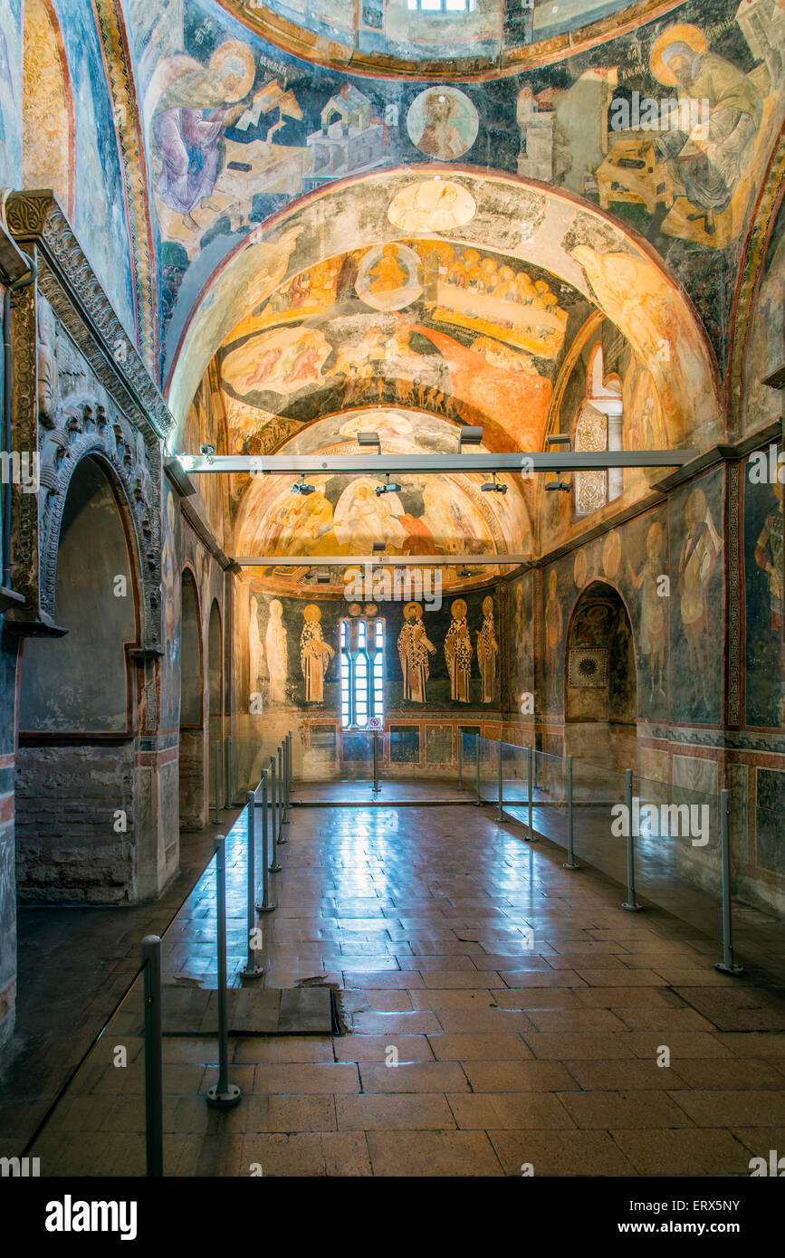 Vista della cappella laterale con mosaici bizantini e gli affreschi della Chiesa di Chora o il Museo Kariye, Istanbul, Turchia Foto Stock