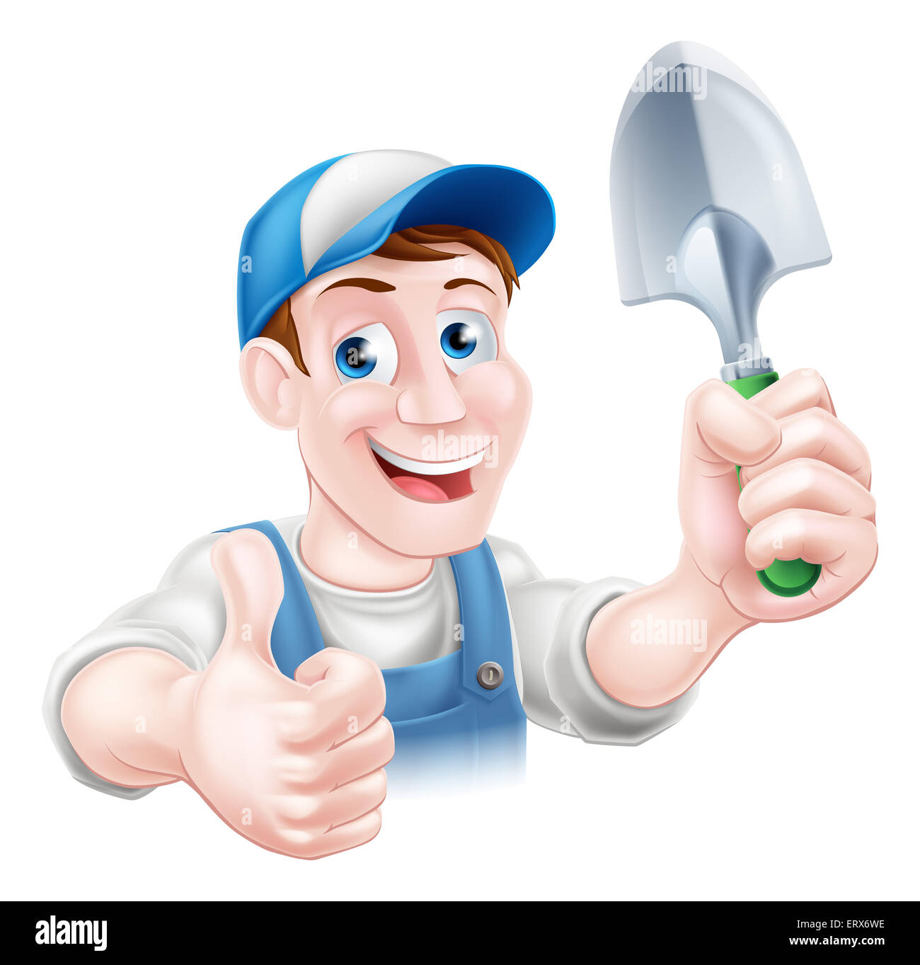 Un cartoon giardiniere carattere in un cappuccio e salopette da blu tenendo un giardino cazzuola attrezzo e dando un pollice in alto Foto Stock