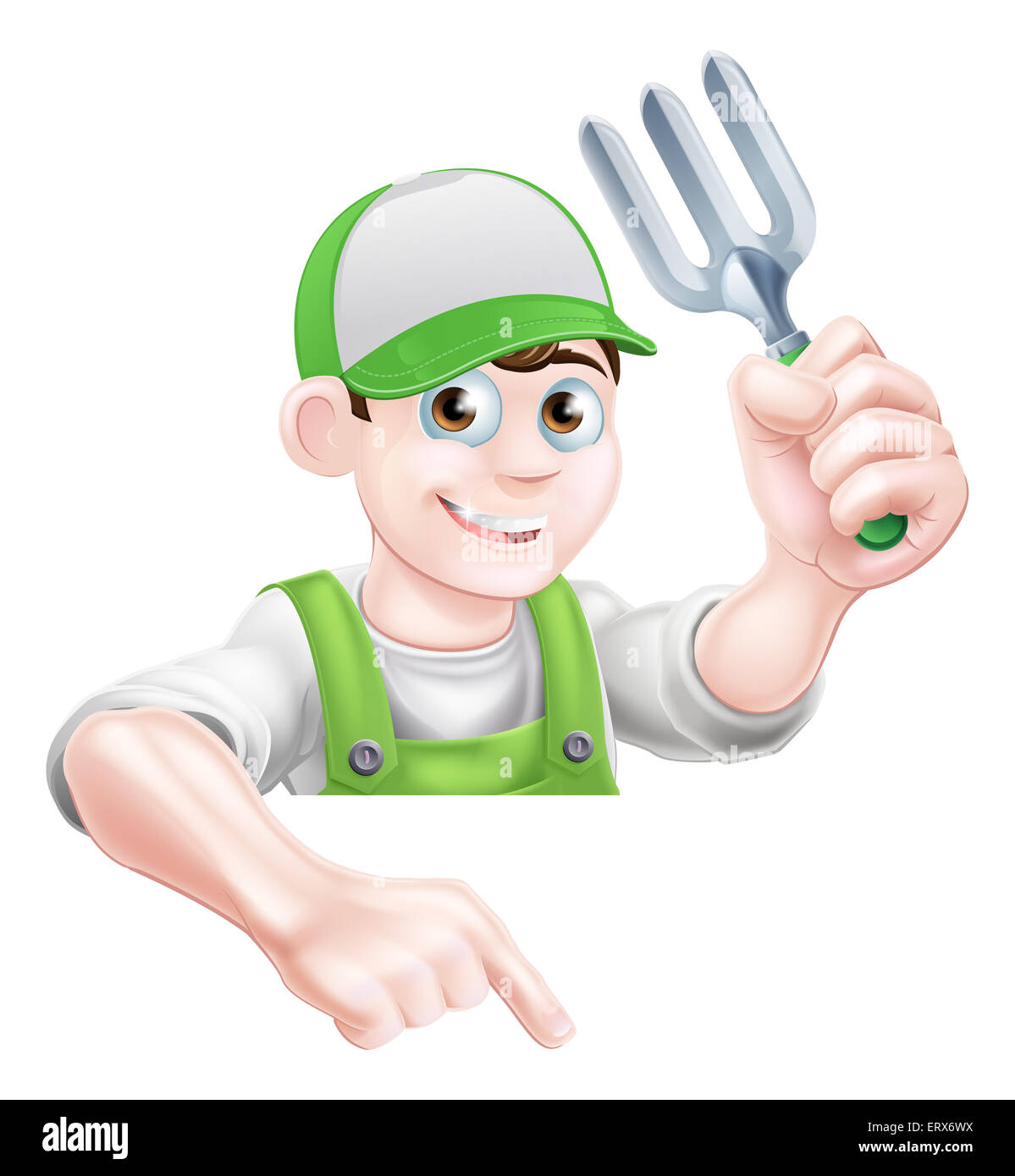 Un cartoon mascotte di giardinaggio giardiniere tenendo un giardino attrezzo forcella e con la punta rivolta verso il basso Foto Stock