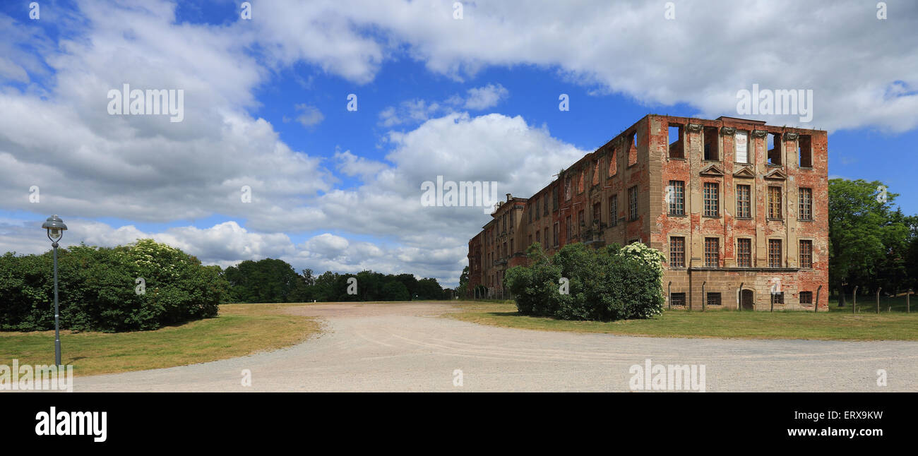 Zerbst, Germania. 09 Giugno, 2015. Le rovine dell'ala est dell'ex residenza reale può essere visto a Zerbst, Germania, 09 giugno 2015. La successiva czarina Caterina II vissuta come la principessa Sophie Auguste Friederike von Anhalt-Zerbst nel palazzo, costruito nel 1681. Il Russo czarina Caterina la Grande (1729-1796) è commemorata per la prima volta durante una principessa Festival nella città. Il festival si svolge il 11 luglio 2015. Foto: Jens WOLF/dpa/Alamy Live News Foto Stock