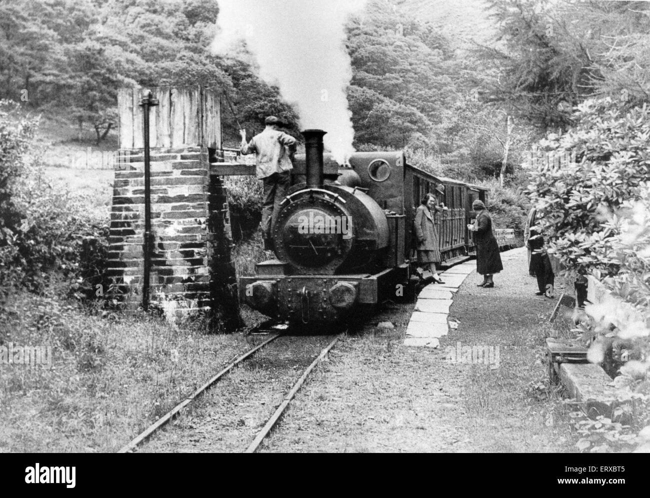 Treno a vapore sul Talyllyn linea ferroviaria che corre per 7,25 miglia da Tywyn sulla costa Mid-Wales di Nant Gwernol vicino al villaggio di Abergynolwyn. Circa primi 1920s. Foto Stock
