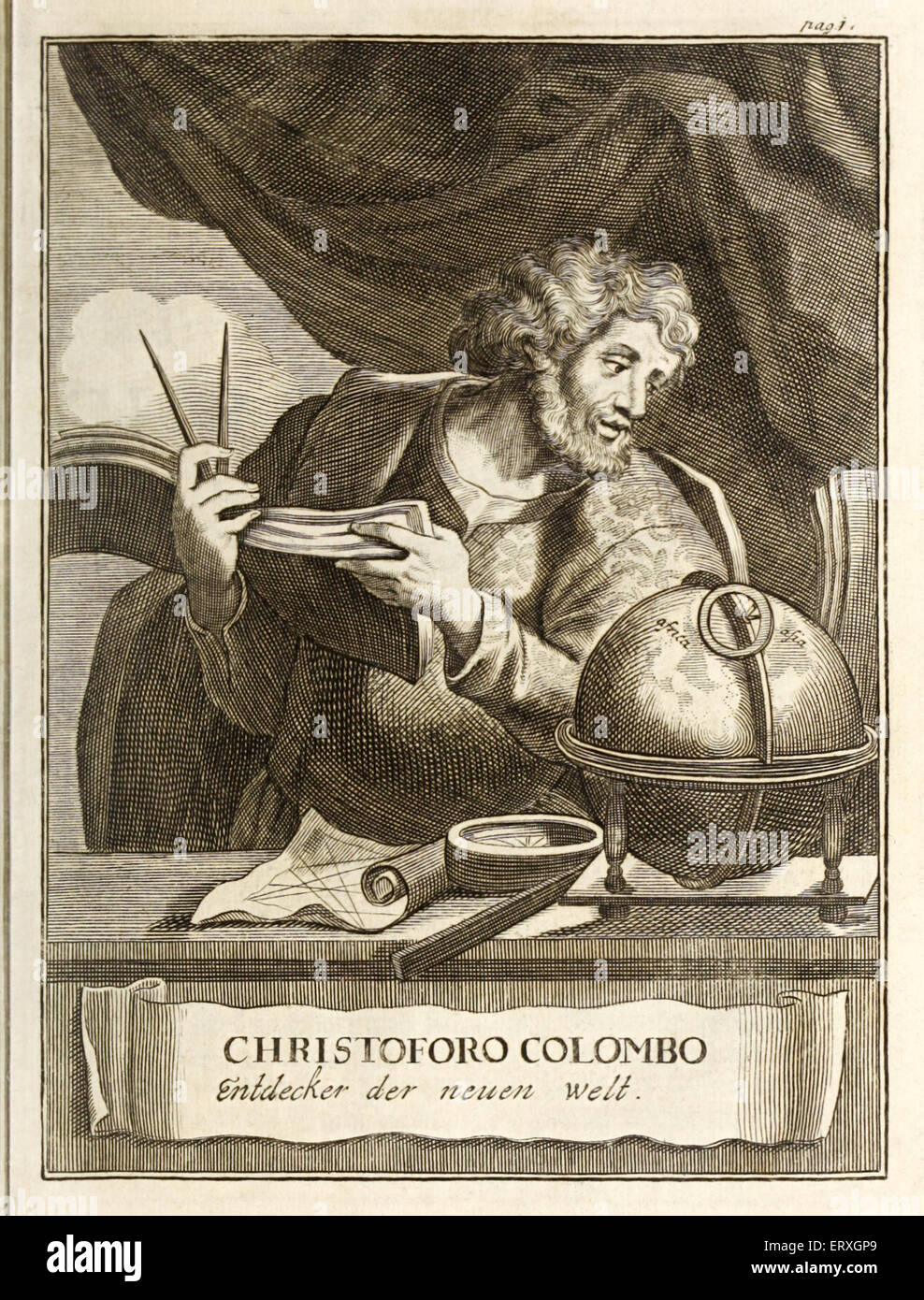 Cristoforo Colombo (1451-1506) con strumenti di navigazione (tenendo il divisore e grafici, bussola, righello e globo sulla tabella). Incisione di H. Padtbrugge (1656-1687). Vedere la descrizione per maggiori informazioni. Foto Stock