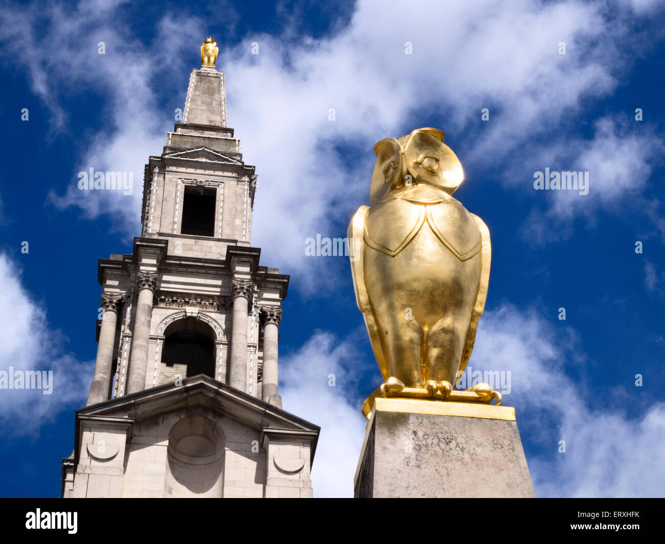 Golden Leeds Il Gufo statua presso la sala civica in Millennium Square Leeds West Yorkshire Inghilterra Foto Stock