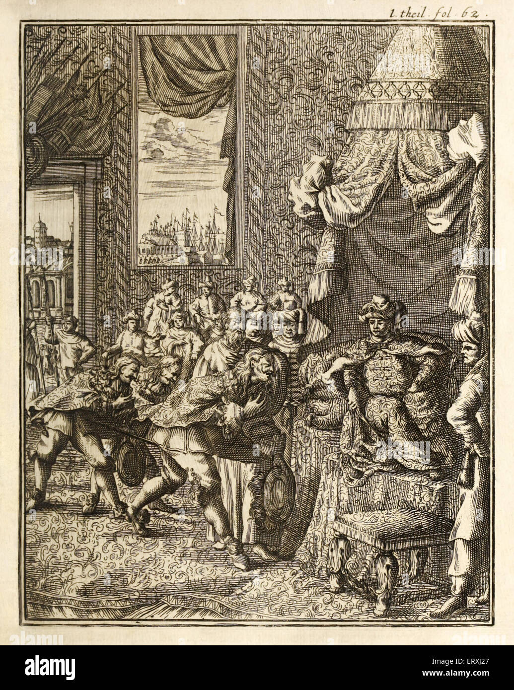 Vasco da Gama (1460S-1524) il portoghese explorer arriva a Calicut, Kerala, nel Sud dell India per la prima volta nel 1498 ed è concesso un pubblico davanti al re di Calicut, Zamorin. Vasco da Gama fu il primo europeo a raggiungere l'India dal mare, che istituisce una rotta marittima tra Europa e Asia e in tal modo il Portogallo la concessione di un monopolio sul commercio che durò un secolo. Incisione di H. Padtbrugge (1656-1687). Vedere la descrizione per maggiori informazioni. Foto Stock