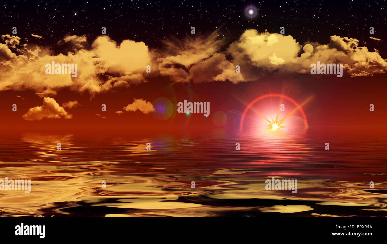 Illustrazione di un tramonto fantasy science fiction arancione Foto Stock