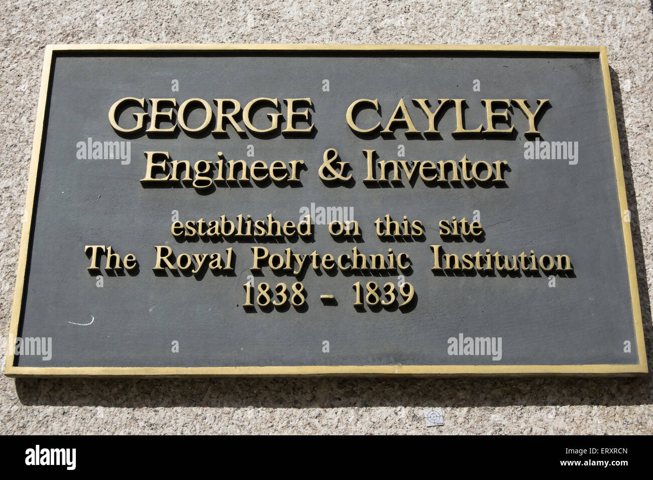 Lapide commemorativa ingegnere e inventore George Cayley presso l'ex Regent Street Polytechnic di Londra, Inghilterra Foto Stock