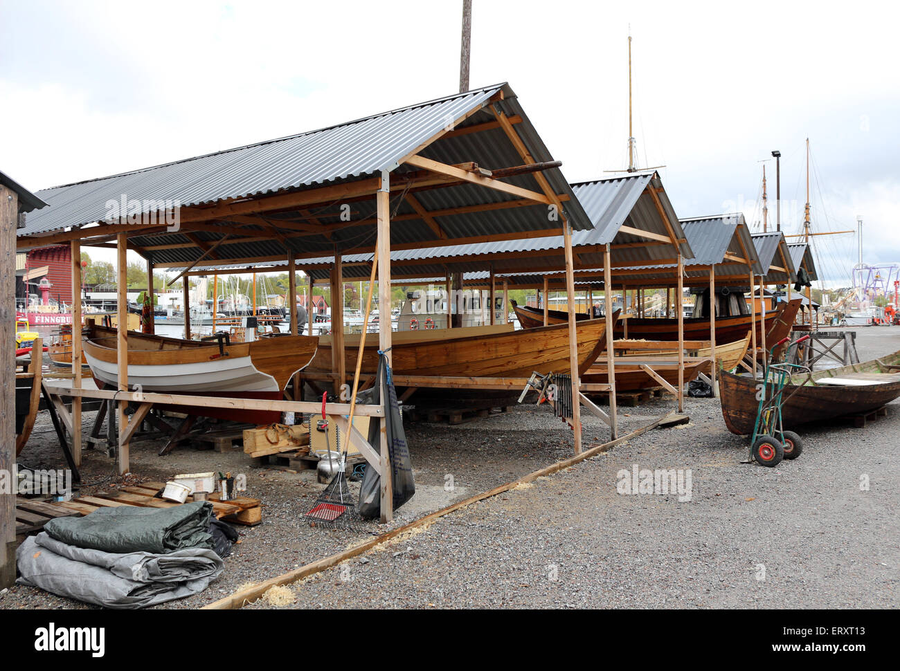 Edificio di barca in baracche di Stoccolma, Svezia Foto Stock