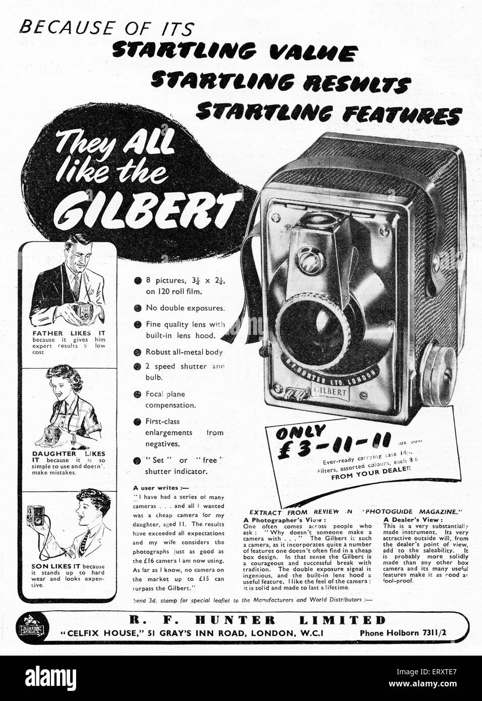 Pubblicità per Gilbert camera 1950 Foto Stock
