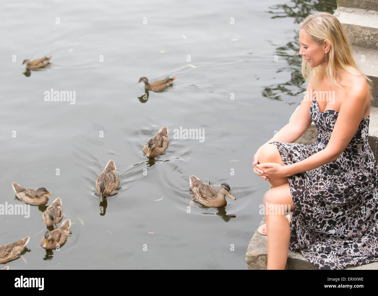 Donna bionda seduta dall'acqua con le anatre Foto Stock