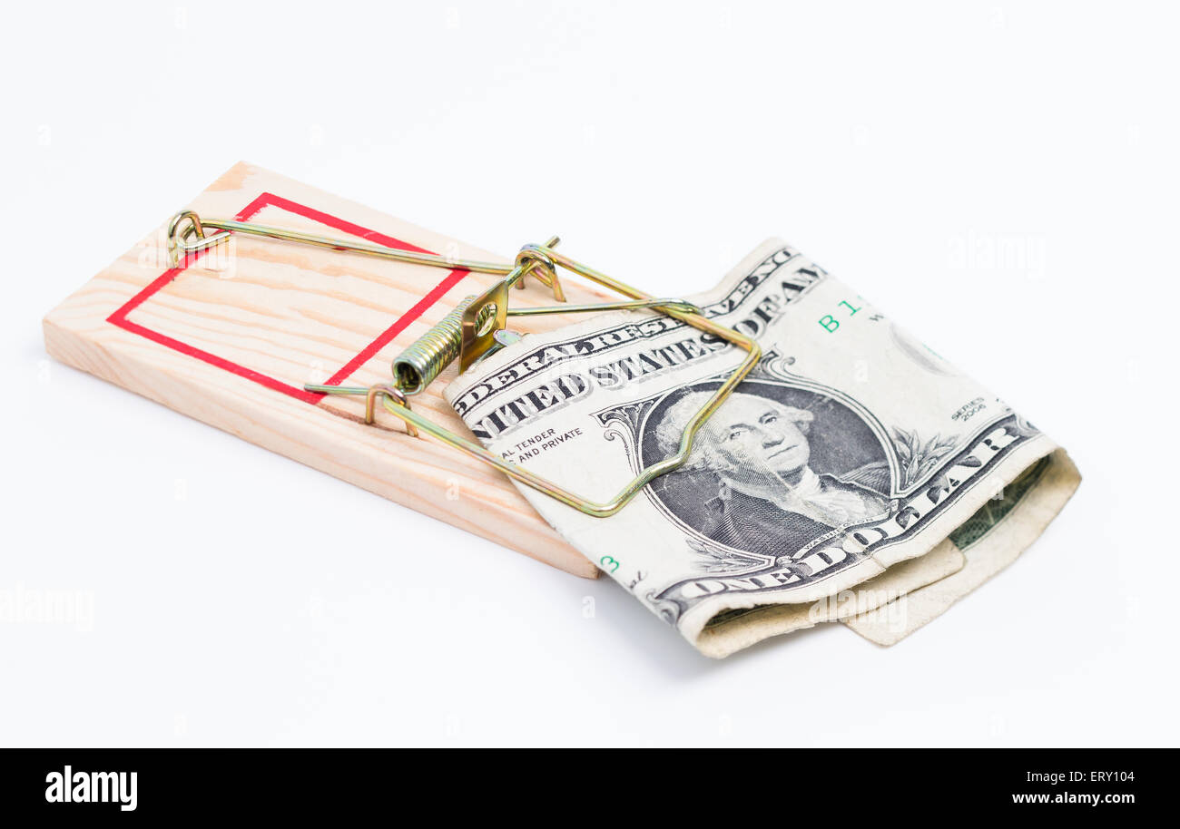 L'immagine mostra un mousetrap con un dollaro su sfondo bianco Foto Stock