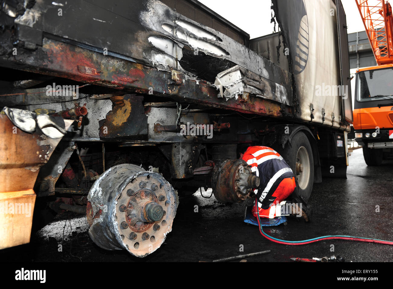 Carrello incidente sull'autostrada in Germania Foto Stock