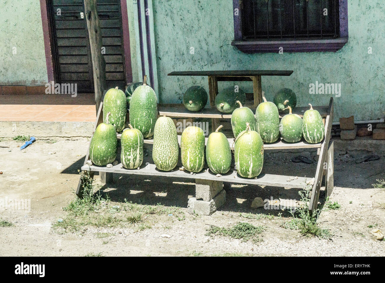 Una visione gradevole con la piattaforma di verde di meloni per la vendita dal ciglio della strada di fronte casa piccola con sbiadito mare pareti verde Chiapas Foto Stock