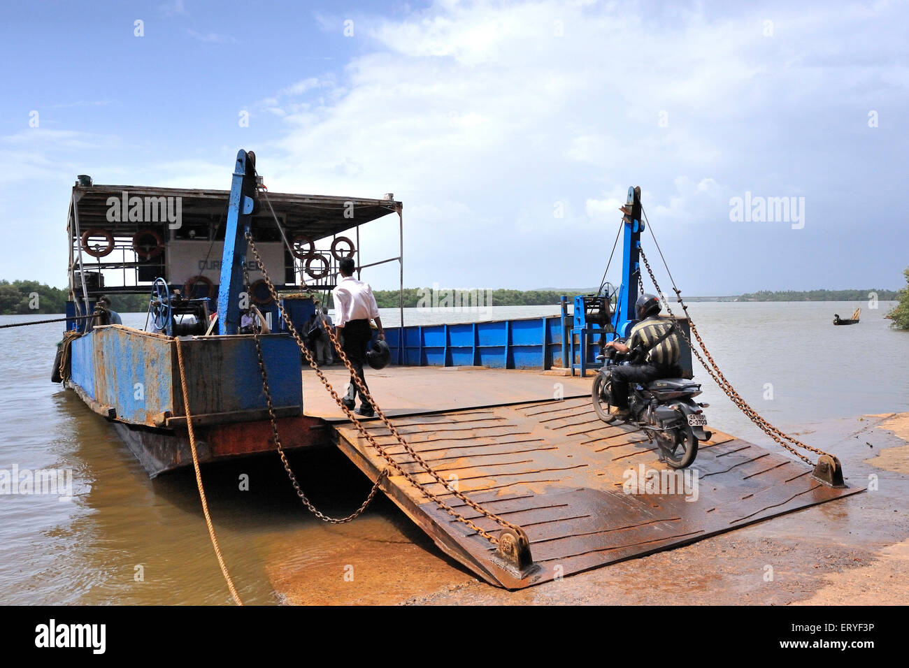 Traghetto per il trasporto di veicoli e passeggeri , fiume Mandovi ; fiume Mahadayi o Mhadei , Goa Vecchia ; Goa , India , Asia Foto Stock