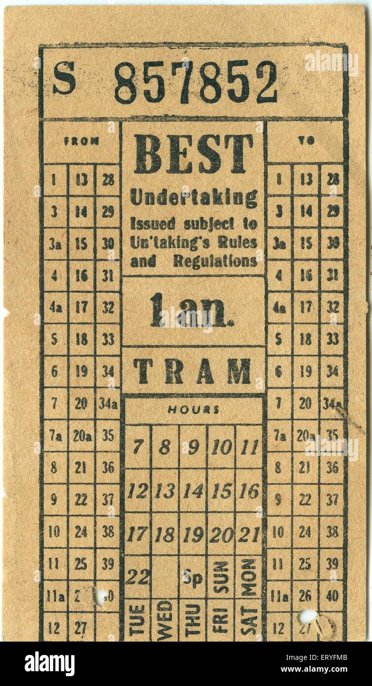 Vecchio biglietto del miglior tram d'epoca di One anna, Bombay, Mumbai, Maharashtra, India, Asia, 1900, 1900s, 1950s Foto Stock