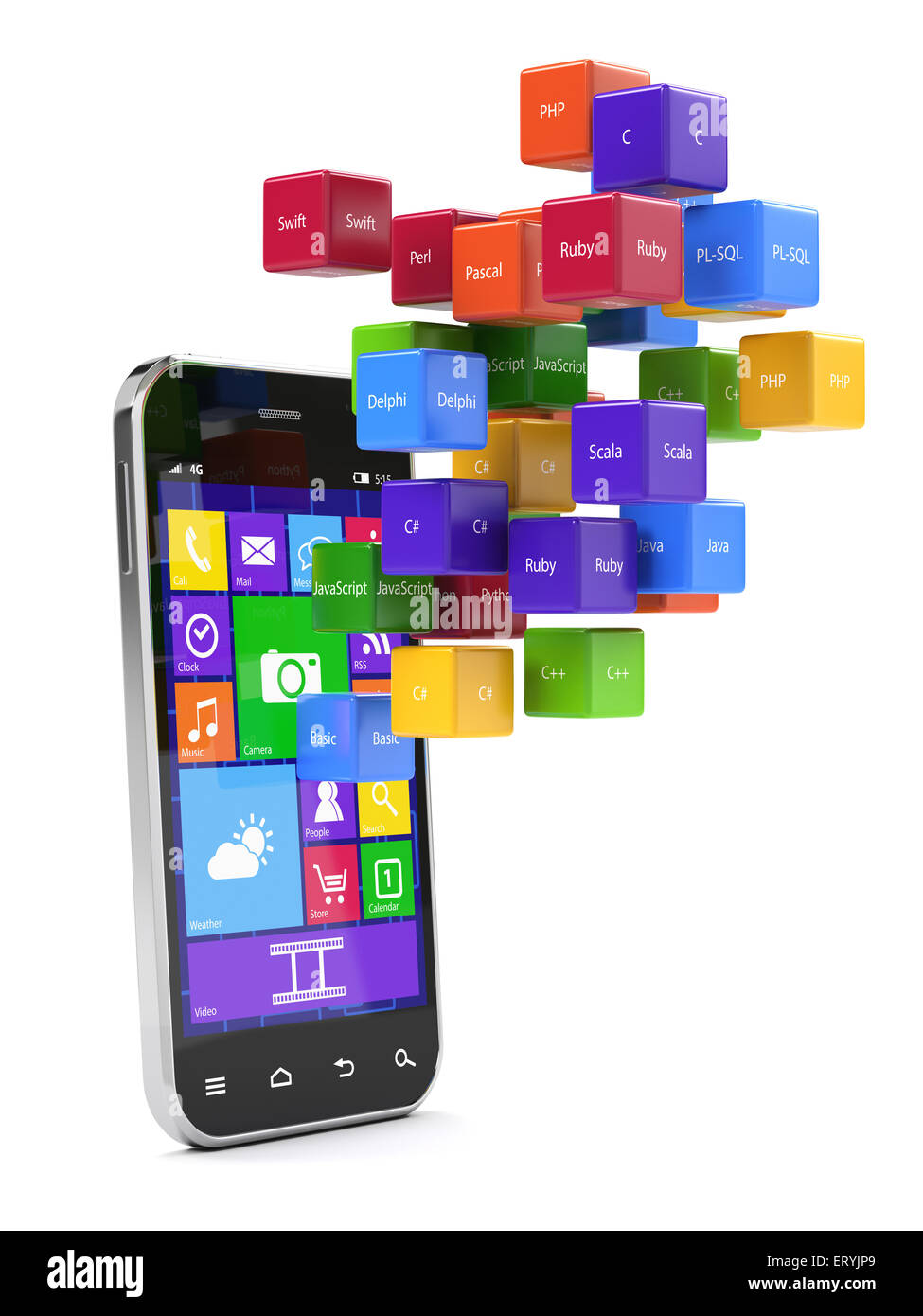 Concetto di programmazione. Macchina di diversi linguaggi codice casse colorate isolati su sfondo bianco Foto Stock