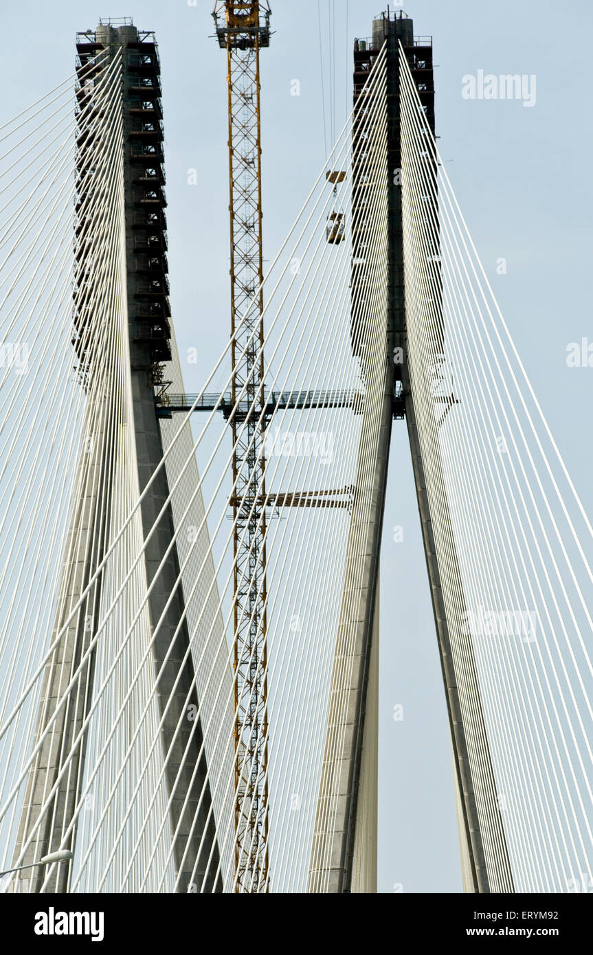 Sealink , collegamento marittimo , cavo ponte steen torre su bandra worli rajiv gandhi ponte collegamento mare ; Bombay , Mumbai ; Maharashtra ; India , asia Foto Stock
