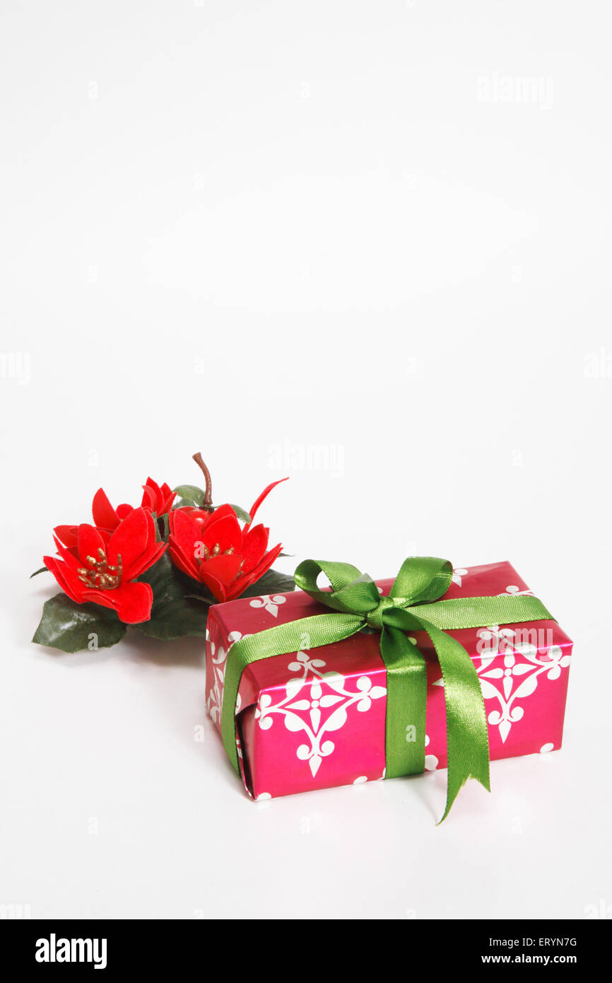 Confezione regalo con fiori di colore rosso nella festa di Natale Foto Stock