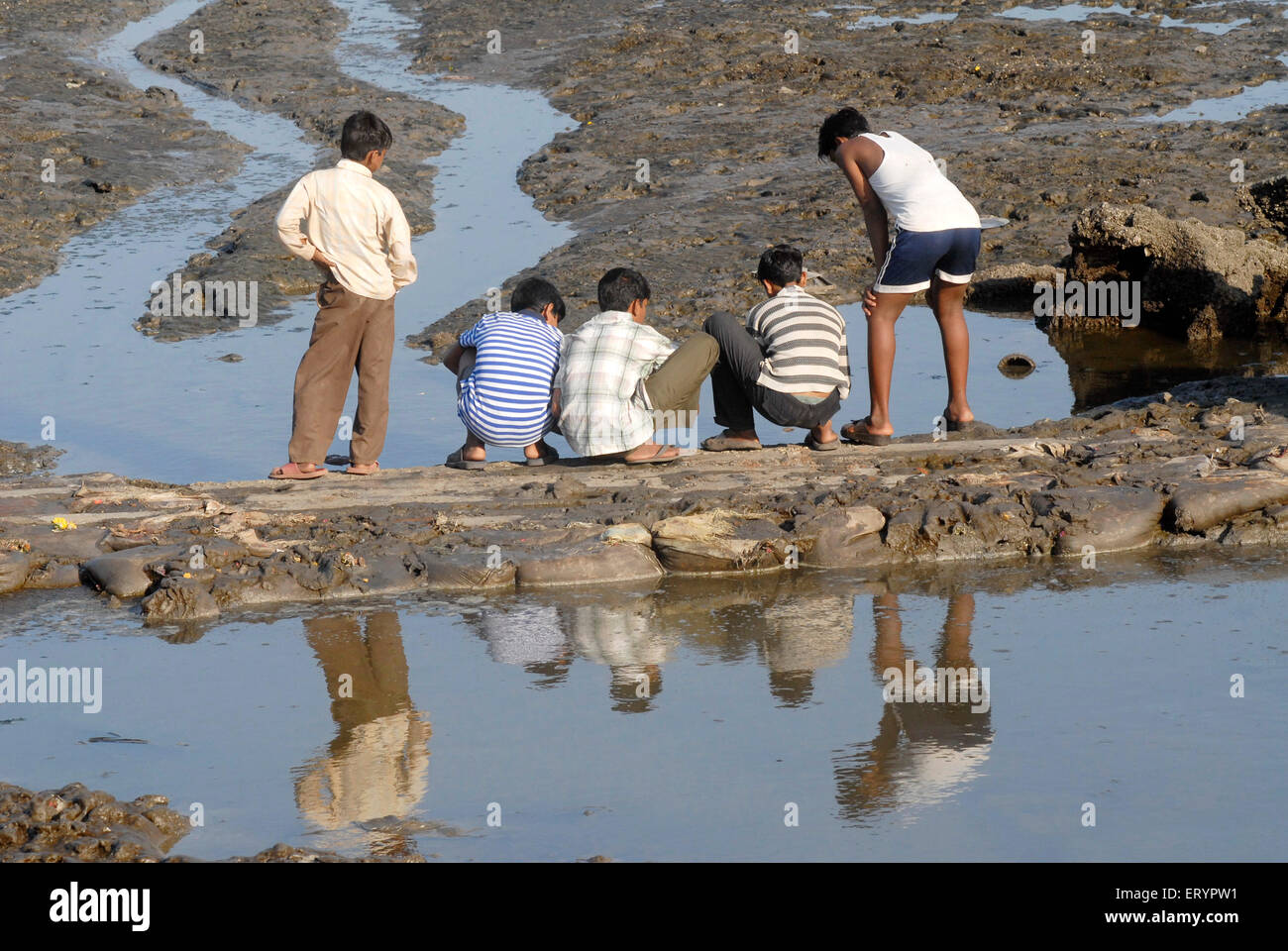 Bambini che catturano pesci e granchi , Sewree Creek , Bombay , Mumbai ; Maharashtra ; India , asia Foto Stock