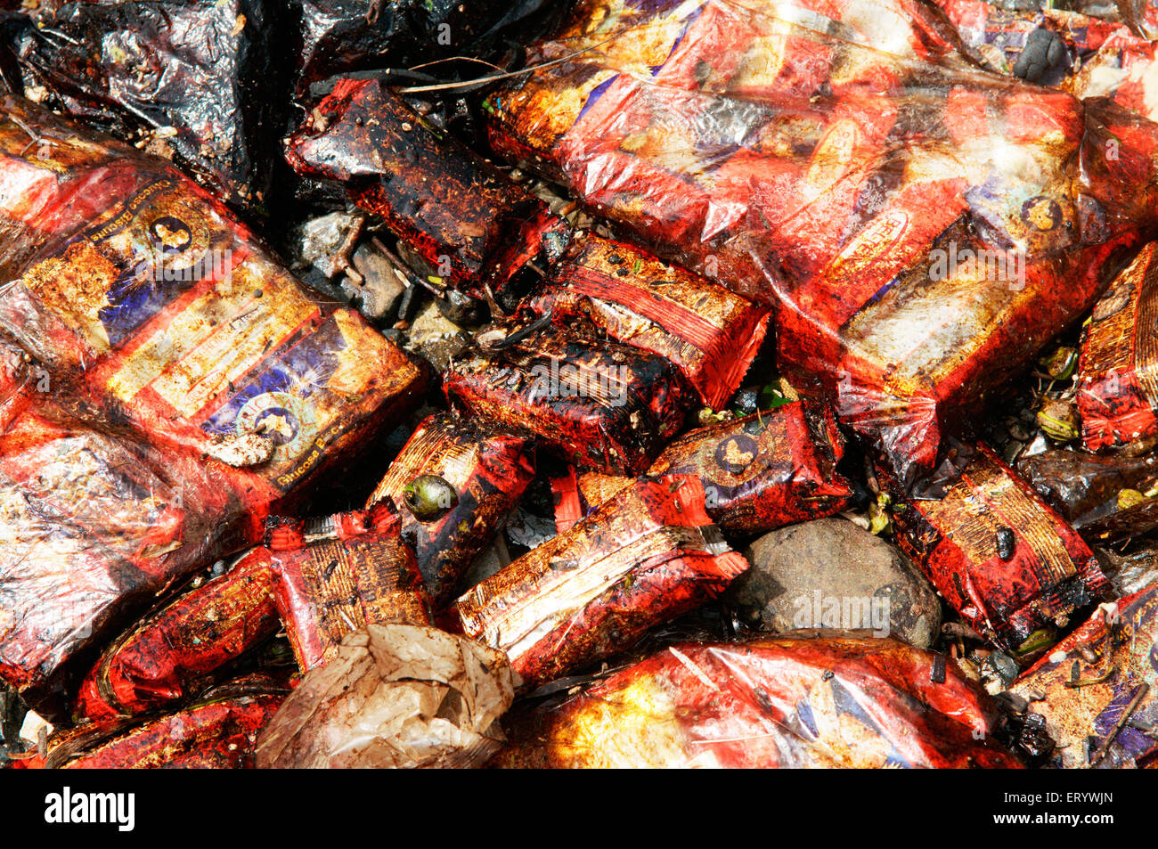Olio biscotto impregnato di pacchetti a causa di portacontainer chitra collidere in mare Mumbai Bombay ; Maharashtra ; India Foto Stock