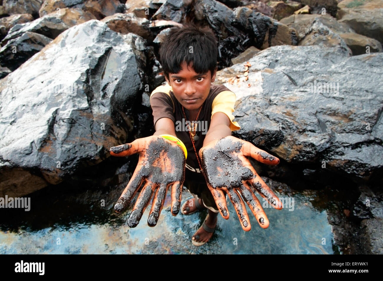 Ragazzo che mostra l'olio imbevuto palm a causa di portacontainer chitra collidere in mare Mumbai Bombay ; Maharashtra ; India NOMR Foto Stock