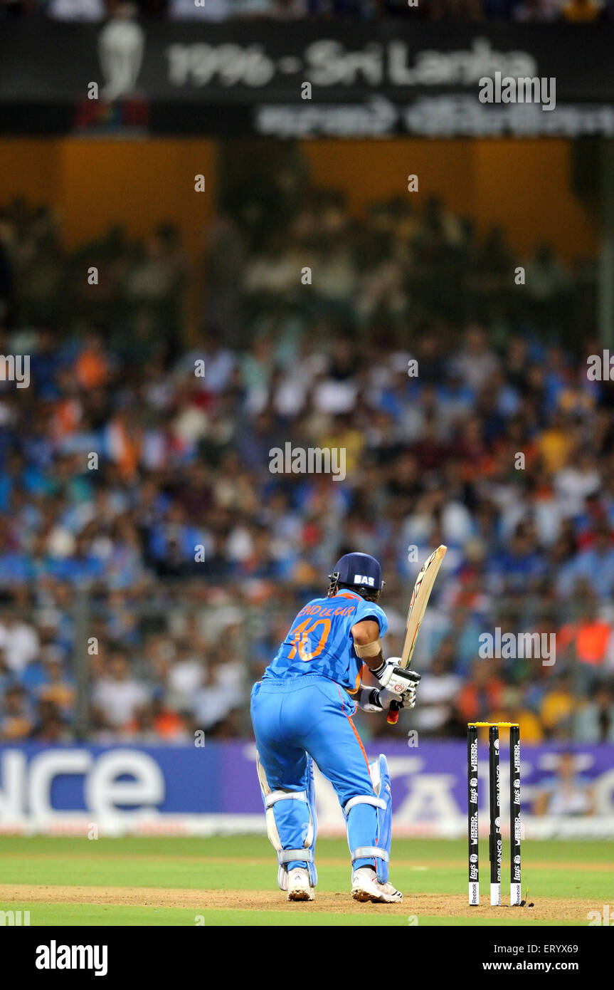 Battitore Sachin Tendulkar 2011 CPI finale di Coppa del mondo Sri Lanka a Wankhede Stadium Mumbai Foto Stock